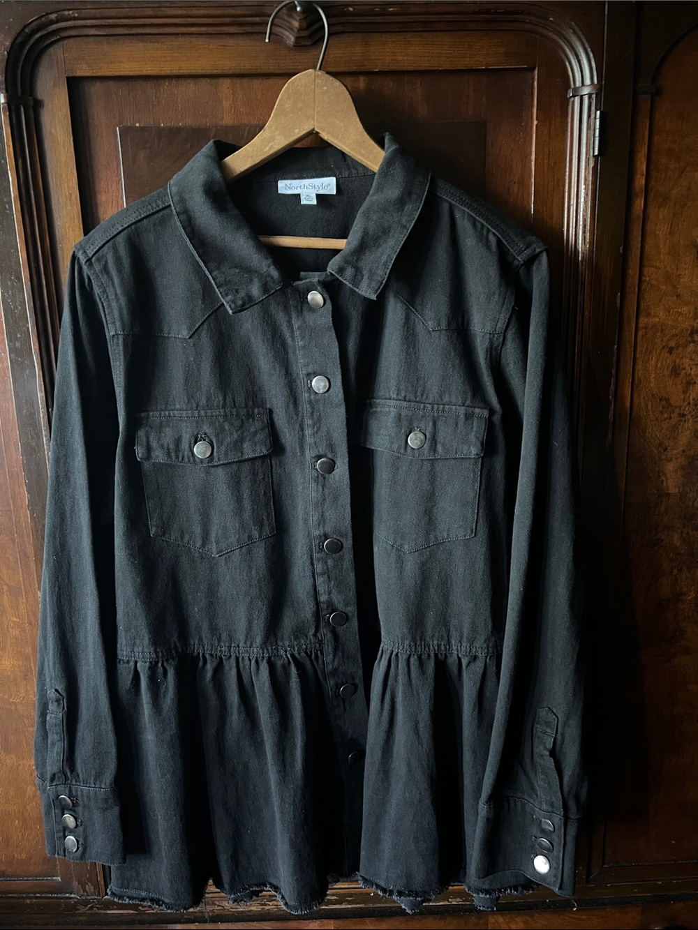NorthStyle Black Peplum-Style Button-Front Jean Jacket